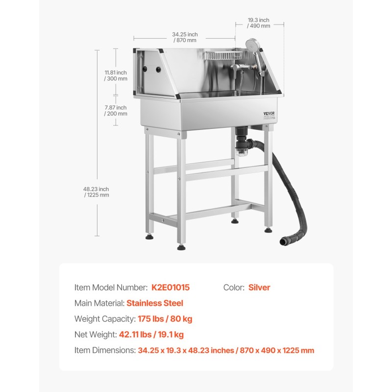 Lemmikkien korotettu pesuallas ruostumattomasta teräksestä 86,4 cm pienille koirille ja kissoille