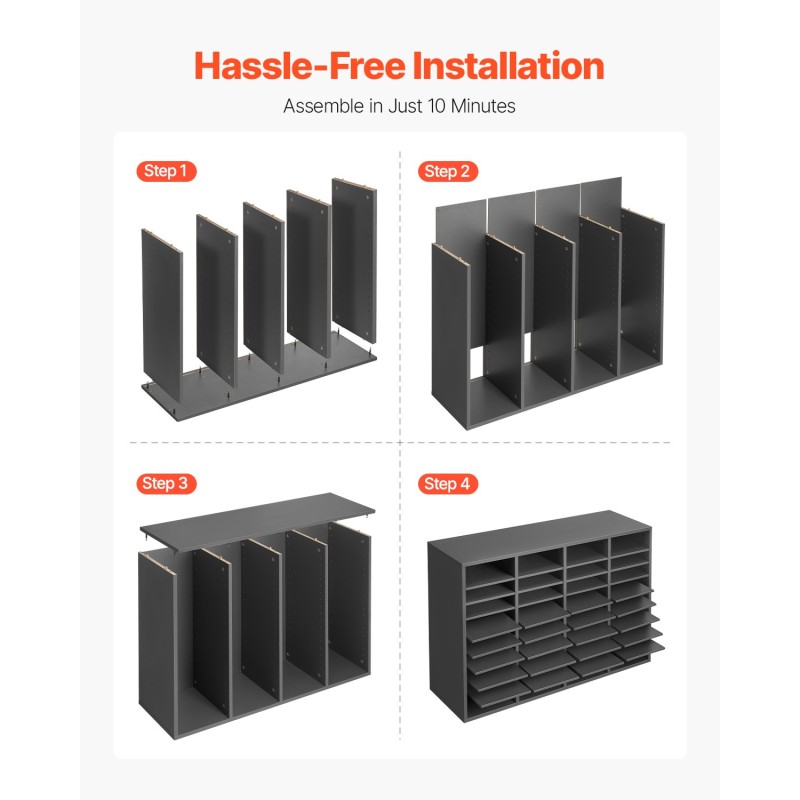 Monilokeroinen asiakirjalajittelija 36 lokeroa säädettävä hyllyväli 25–55 millimetriä lastulevy ja keskitiheyspuulevy