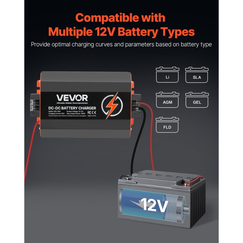 DC-DC-akkulaturi 12V 60A 750W alumiinikuori ajoneuvoihin ja veneisiin