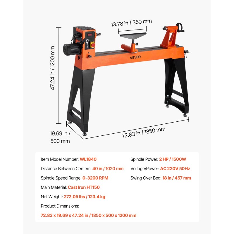 Puutyösorvi 1500 W valurautarunko harjaton tasavirtamoottori 1020 mm keskiöväli