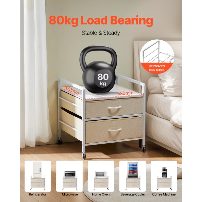 Minijääkaapin teline metallirungolla 15 cm E1-luokan massiivipuulevy, 2 vedenpitävää laatikkoa, lukittavat pyörät