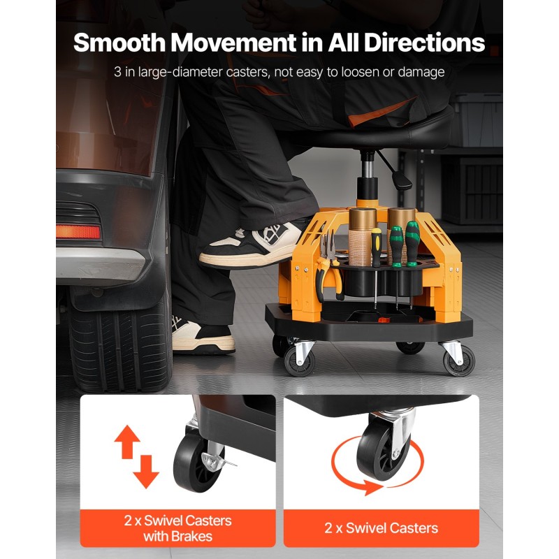 Työpajajakkara teräsrunko pneumaattinen korkeudensäätö 650–810 mm 360-asteinen pehmustettu istuin pyörillä