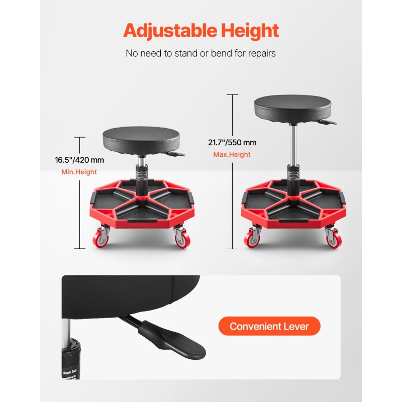 Mekaanikonjakkara säädettävä 420–550 mm teräsrunko pehmustettu istuin rullaavat pyörät kantavuus 300 paunaa