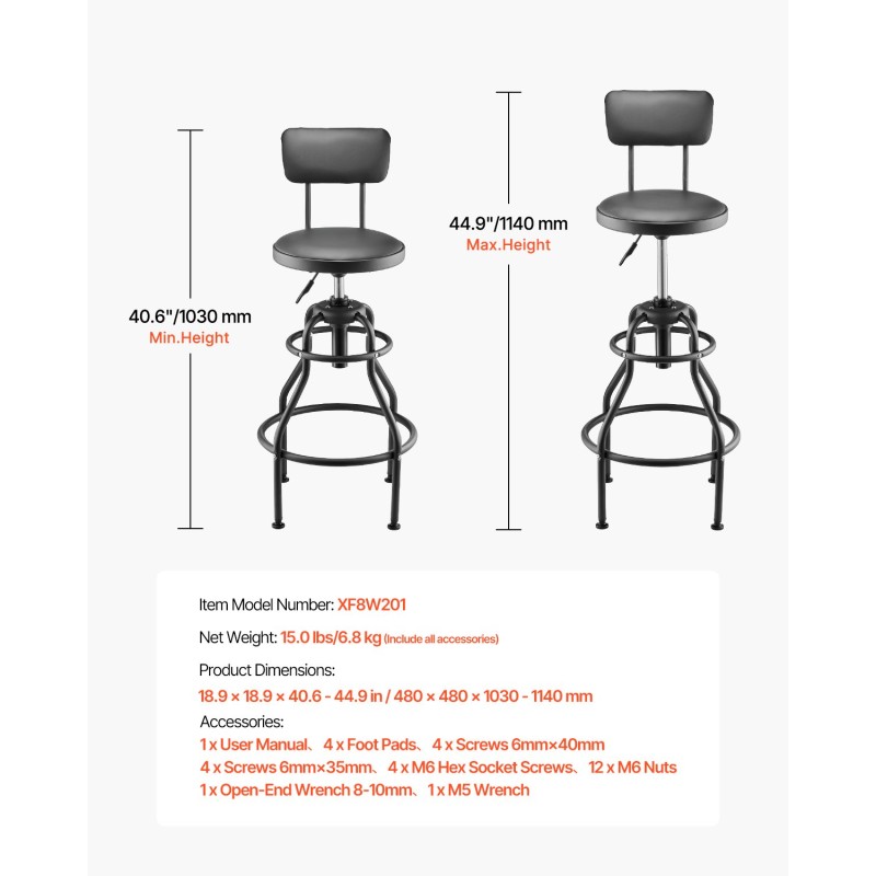 Työpajajakkara selkänojalla teräsrunko pehmustettu istuin pyörillä säädettävä korkeus 1030–1140 mm