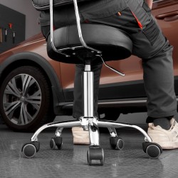 Työpajajakkara selkänojalla jauhemaalattu teräsrunko korkeussäädöllä pyörivä pehmustettu istuin