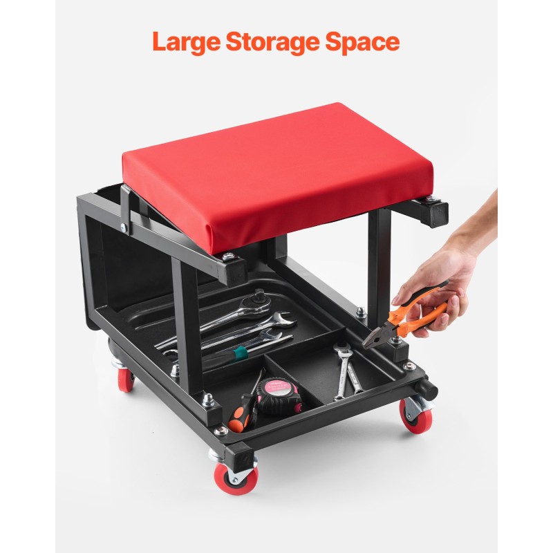 Mekaanikon pyörällinen jakkara teräsrunko pehmustettu istuin työkalutarjotin