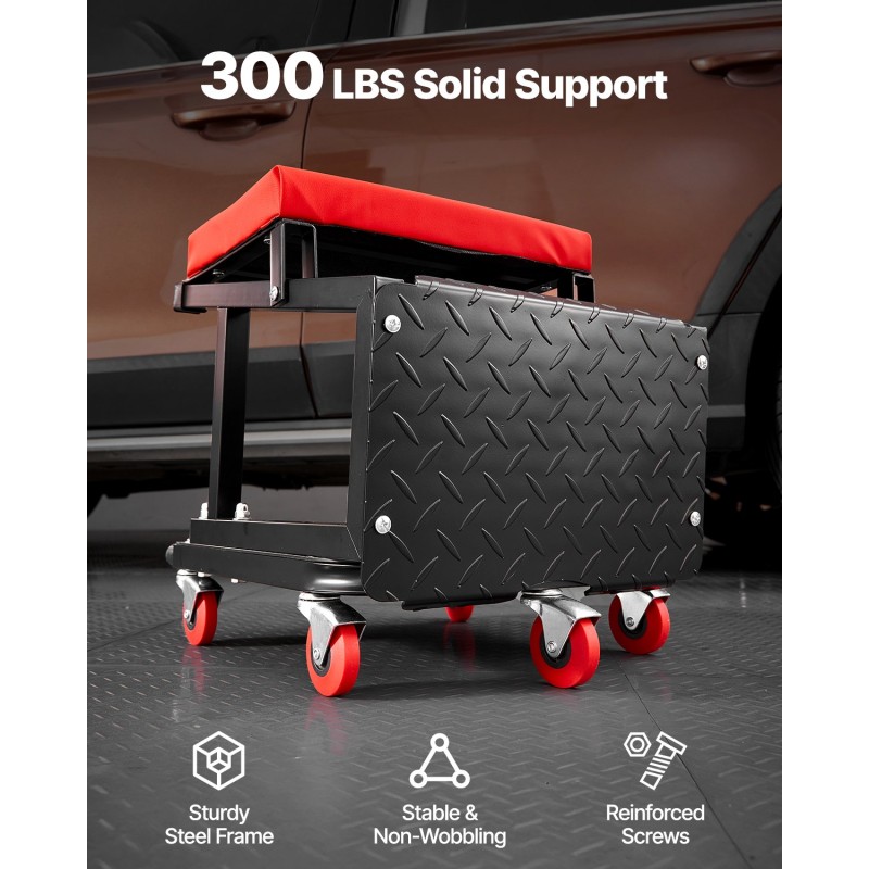 Mekaanikon pyörällinen jakkara teräsrunko pehmustettu istuin työkalutarjotin