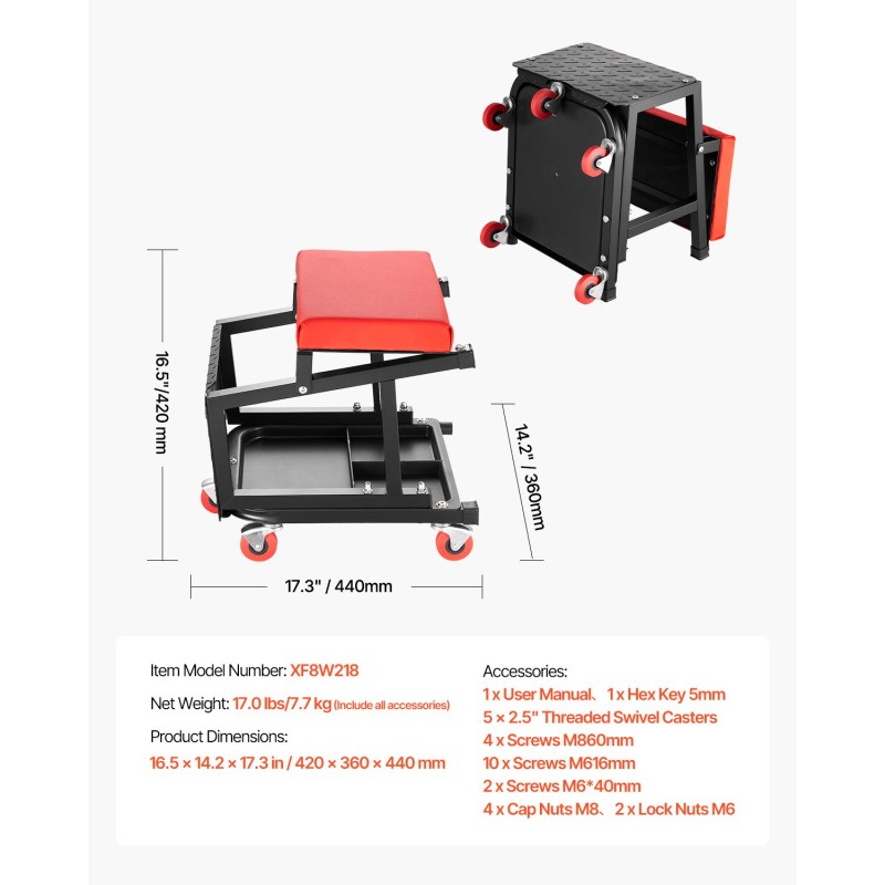 Mekaanikon pyörällinen jakkara teräsrunko pehmustettu istuin työkalutarjotin
