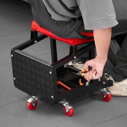 Mekaanikon pyörällinen jakkara teräsrunko pehmustettu istuin työkalutarjotin