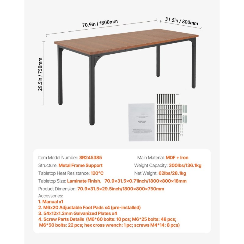 Suorakulmainen ruokapöytä MDF-laminaatti metallijalat 180×80×75 cm 6–8 hengelle ruskea