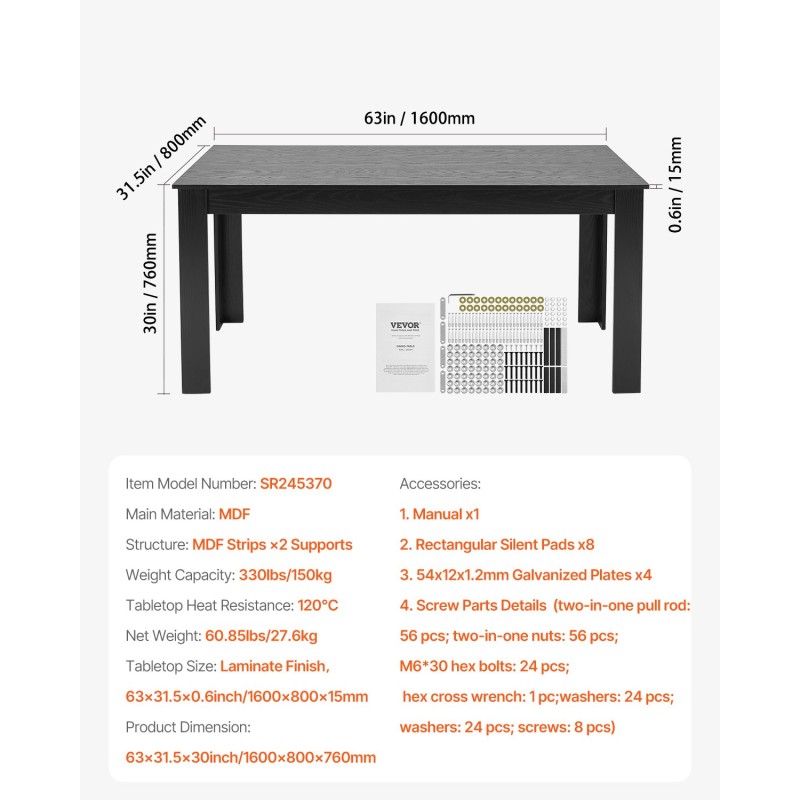 Suorakulmainen MDF-ruokapöytä laminaattipinnalla 160 x 80 cm 4–6 hengelle musta