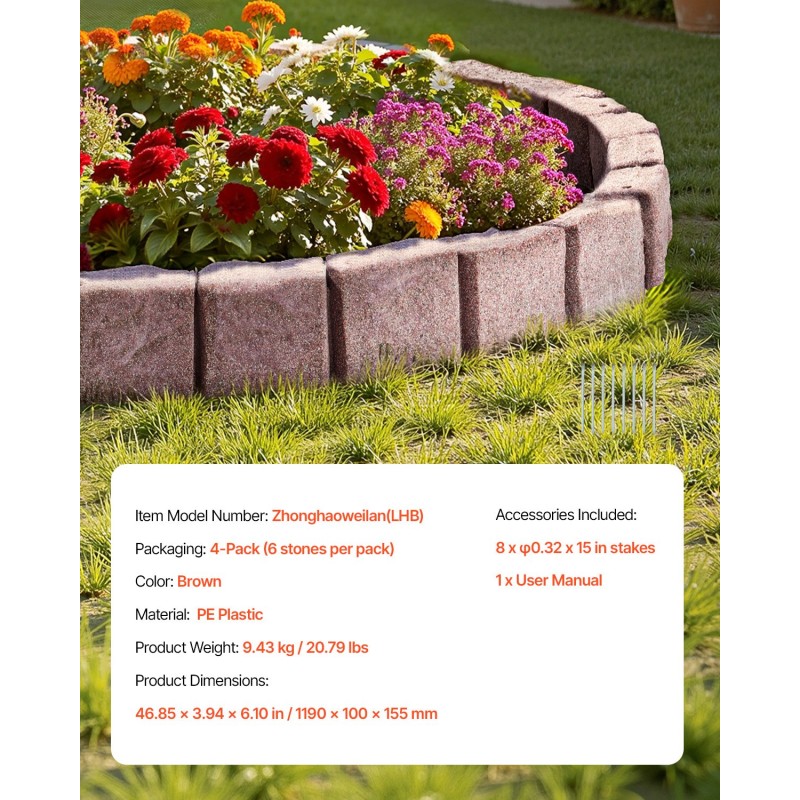 Muovinen kivireunus PE-muovi 1190 mm 4-pakkaus ruskea piha-rajaukseen