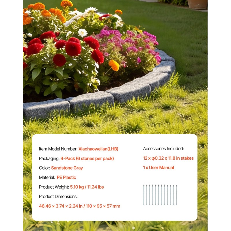 Tekokivinen PE-muovinen reunuselementti 1180×95×57 mm pakkaus 6 kiveä hiekkakiven harmaa