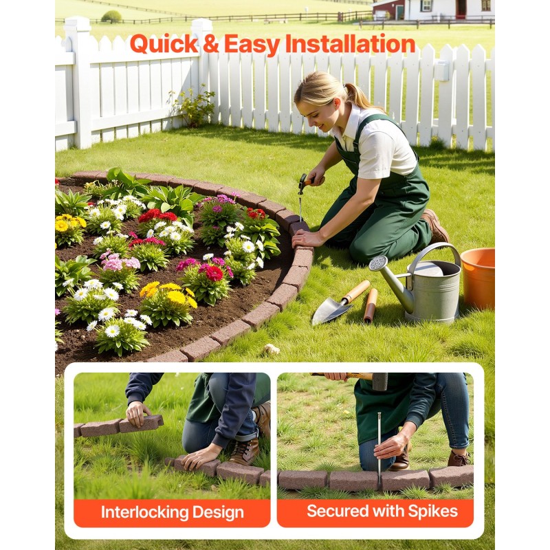 Nurmikon reunus PE-muovinen 1180×95×57 mm 4 kpl pakkaus ruskea joustava kiinnityspiikeillä