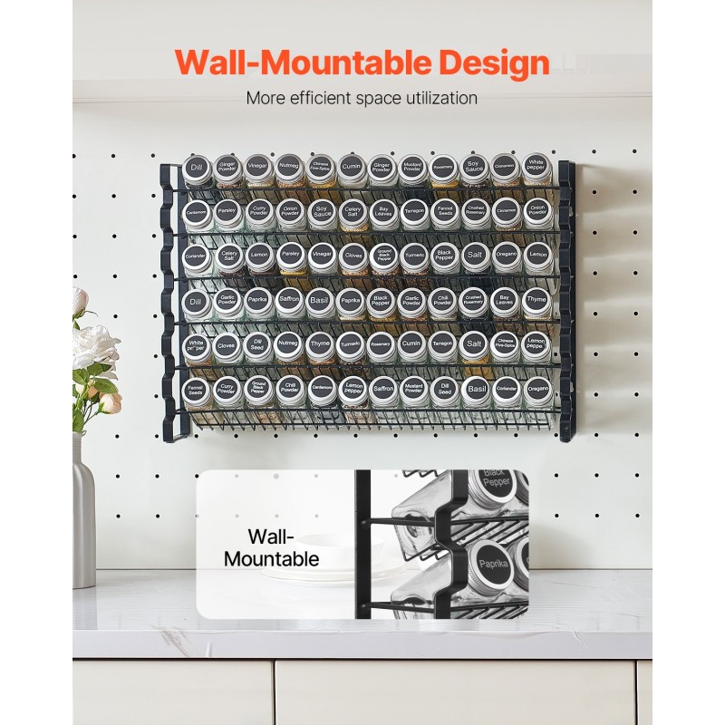 Maustehylly 6 tasoa 72 läpinäkyvää lasipurkkia seinälle tai pöydälle