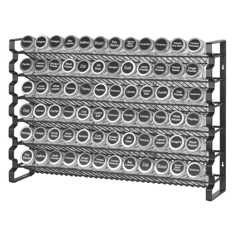 Maustehylly 6 tasoa 72 läpinäkyvää lasipurkkia seinälle tai pöydälle