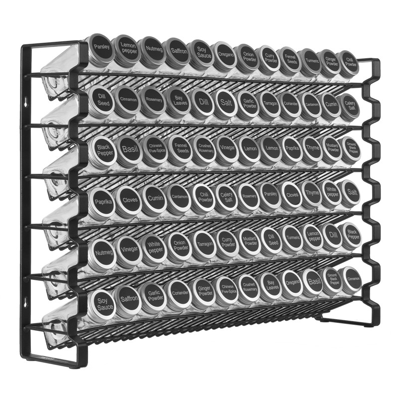 Maustehylly 6 tasoa 72 läpinäkyvää lasipurkkia seinälle tai pöydälle
