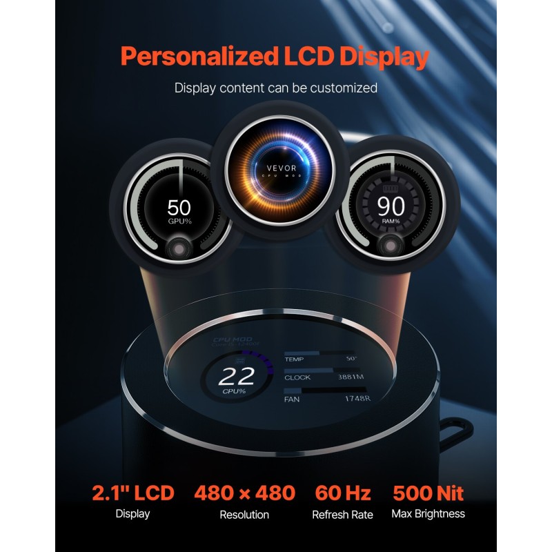 AIO-nestekylmäjärjestelmä kolmella 120 mm PWM-tuulettimella alumiiniradiolla 2,1 tuuman pumpunäytöllä Intel/AMD-yhteensopiva