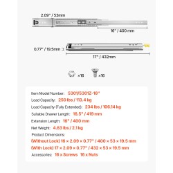 Laatikkokiskopari terästä 400 mm sivukiinnitys lukittava 113 kg kantavuus