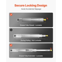Teräksiset täysin ulosvedettävät lukittavat laatikonkiskot 450 mm ulosveto 113,4 kg kantavuus