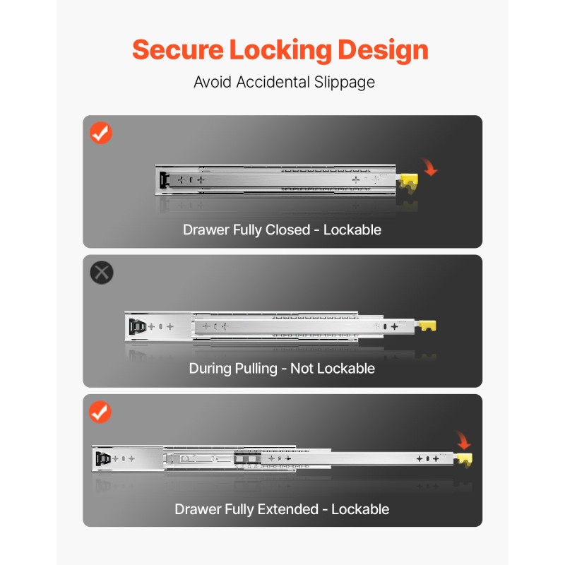 Täyden ulosvedon kuulalaakeroidut laatikkokiskot teräs 950 mm lukittava pari