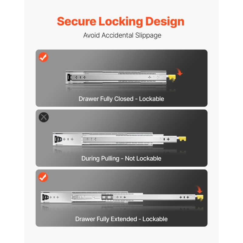 Laatikkokiskot teräs 1500 mm täysi ulosveto lukittavat kuulalaakerit sivukiinnitys