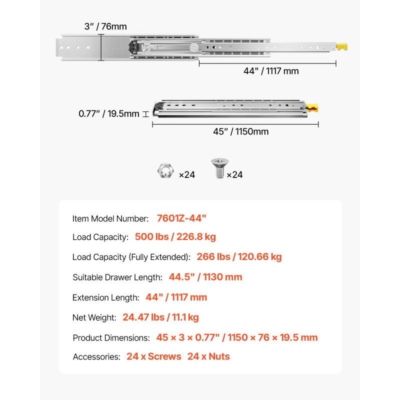 Laatikkokiskot teräs sivukiinnitys täyspidennys 1117 mm 226,8 kg