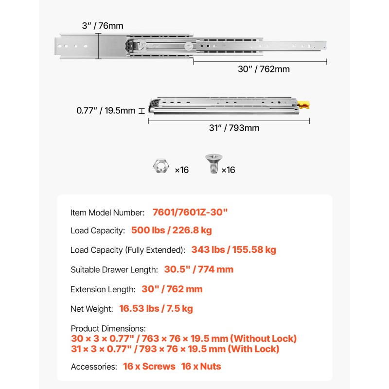 Sivukiinnitteiset teräslaatikkokiskot täysi ulosveto 774 mm kuulalaakeri lukko kantavuus 226,8 kg