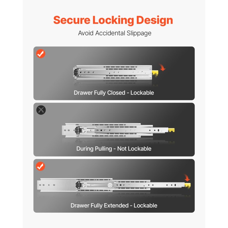 Teräs laatikkokiskot 1220 mm täyden ulosvedon lukittavat 226,8 kg