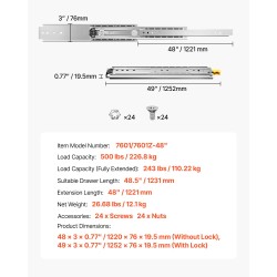 Teräs laatikkokiskot 1220 mm täyden ulosvedon lukittavat 226,8 kg