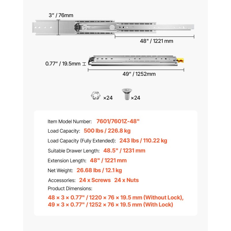Teräs laatikkokiskot 1220 mm täyden ulosvedon lukittavat 226,8 kg