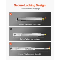 Teräksiset täyden ulosvedon laatikkokiskot 900 mm pari lukittavat 113 kg kantavuus