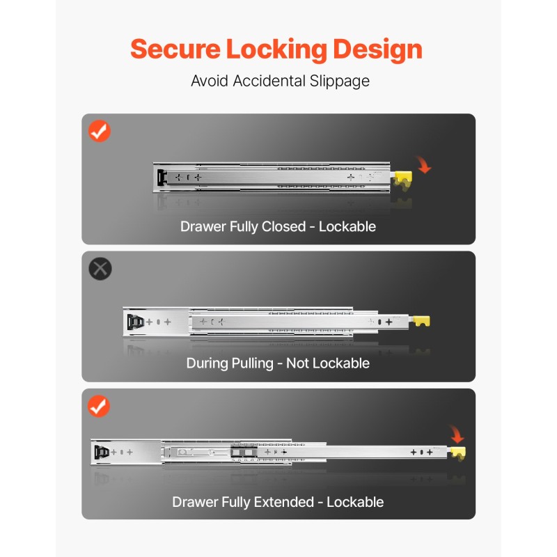 Teräksiset täyden ulosvedon laatikkokiskot 900 mm pari lukittavat 113 kg kantavuus