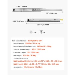 Teräksiset täyden ulosvedon laatikkokiskot 900 mm pari lukittavat 113 kg kantavuus