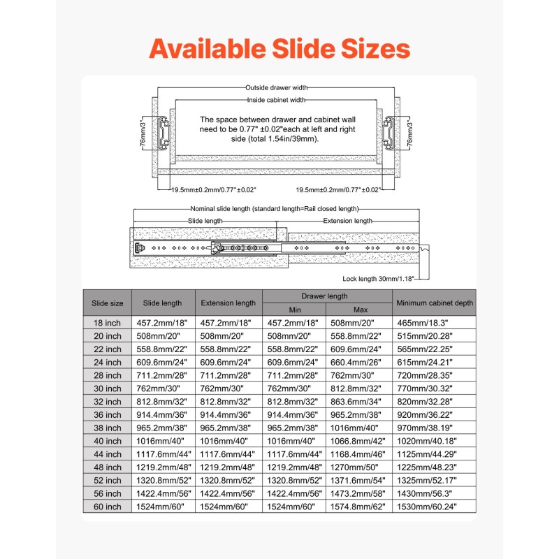 Teräksiset kuulalaakeroidut lukittavat laatikkokiskot 1524 mm pari kantavuus 226,8 kg