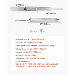 Täyspitkät lukittavat kuulalaakerikiskot sivukiinnitys 914 mm ulosveto kantavuus 226,8 kg