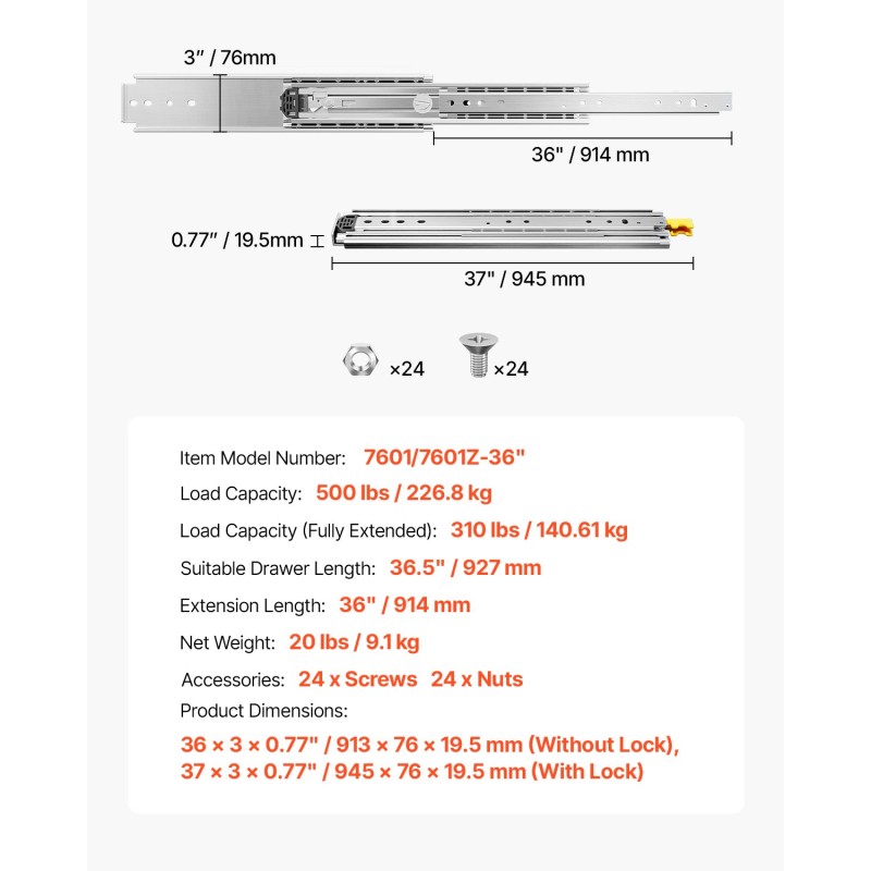 Täyspitkät lukittavat kuulalaakerikiskot sivukiinnitys 914 mm ulosveto kantavuus 226,8 kg