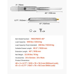 Sivukiinnitteiset kuulalaakeroidut teräslaatikkokiskot täysi ulosveto 1028 mm 226,8 kg pari