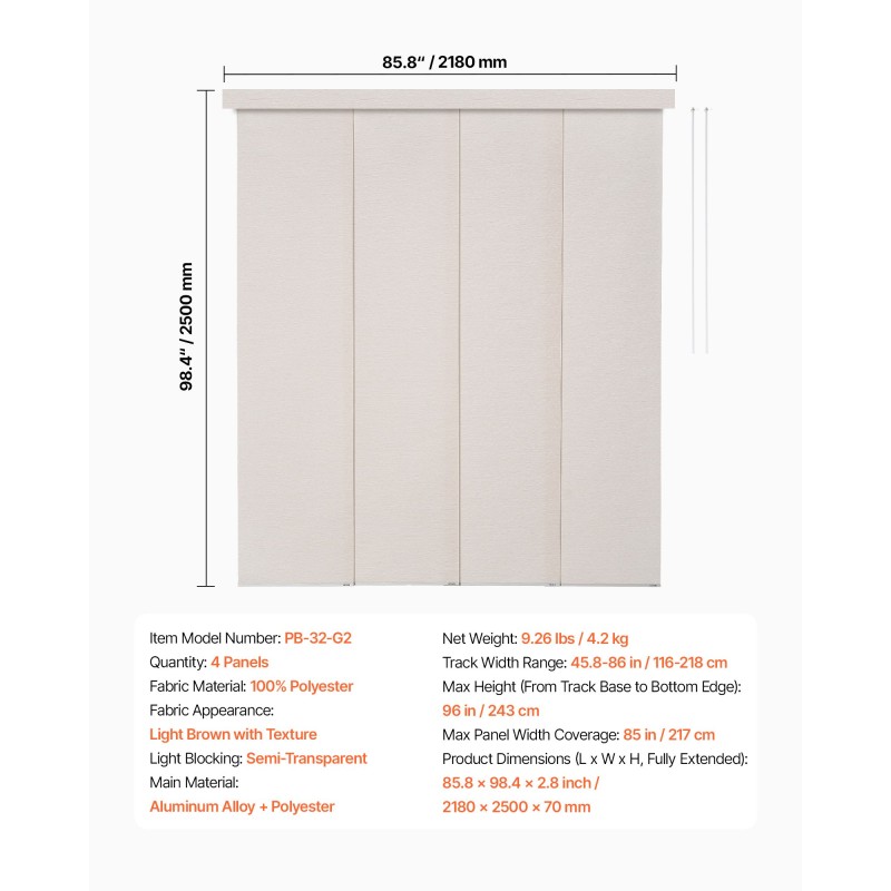 Paneeliverho polyesteri 4 paneelia säädettävä kisko 116–218 cm leikattava korkeus 243 cm
