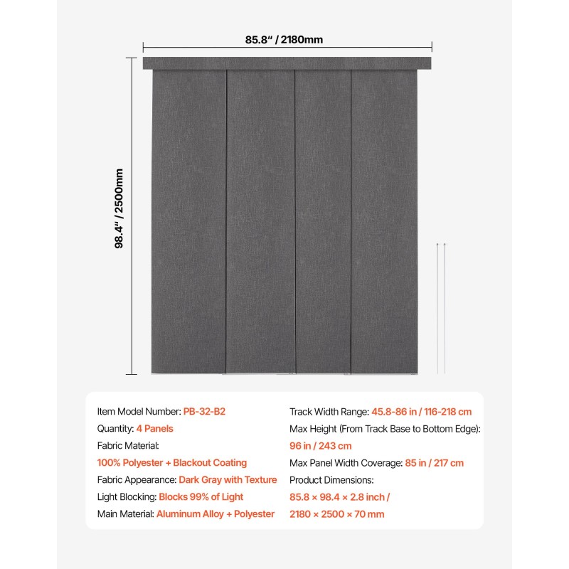Paneeliverhosetti 4 paneelia täysi pimentävä tummanharmaa säädettävä kisko 116–218 cm