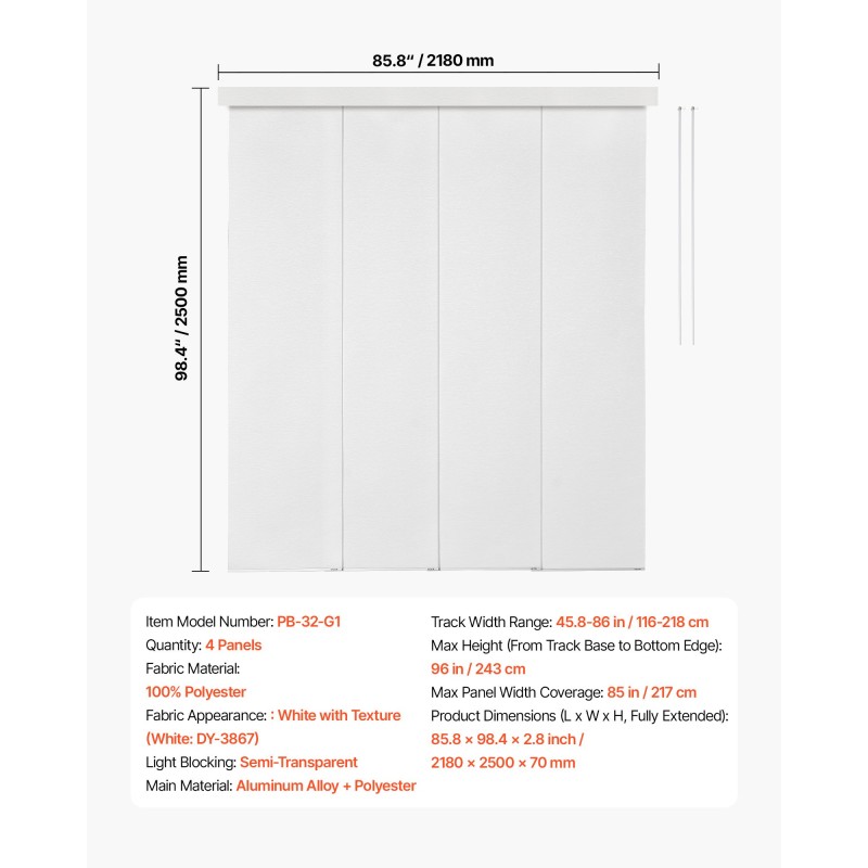 Paneeliverho valkoinen polyesteri neljä paneelia säädettävä kisko liukuoviin