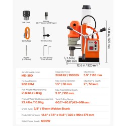 Magneettinen pylväsporakone metallirunkoinen 1200W 10000N 38 mm 19 mm Weldon-istukka