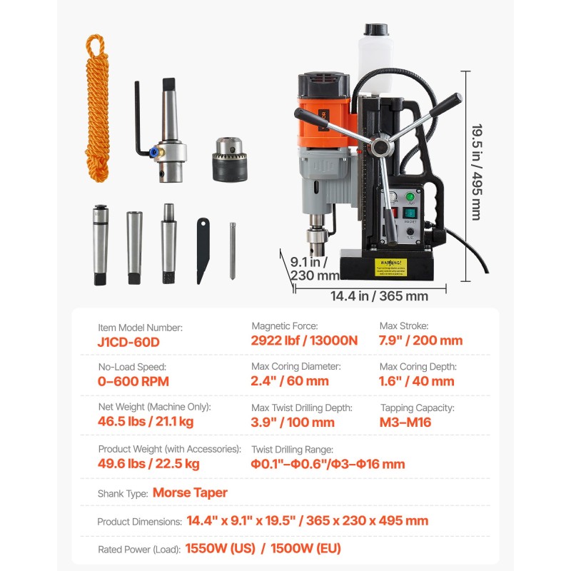 Magneettinen pylväsporakone metallirunkoinen 1500W maksimi poran halkaisija 60 mm 13000N pitovoima