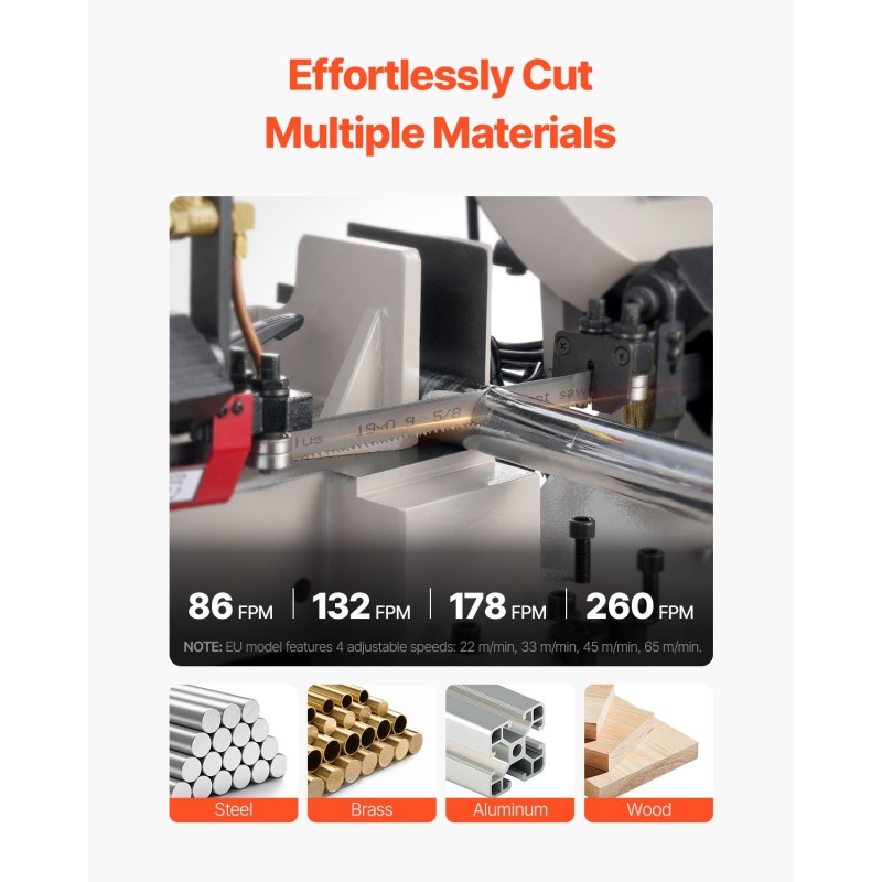 Metallinen vaaka- ja pystyyn käännettävä vannesaha 1,1 kW 178 x 209 mm