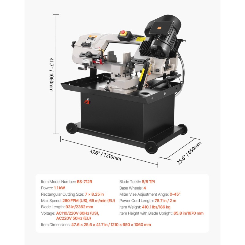 Metallinen vaaka- ja pystyyn käännettävä vannesaha 1,1 kW 178 x 209 mm