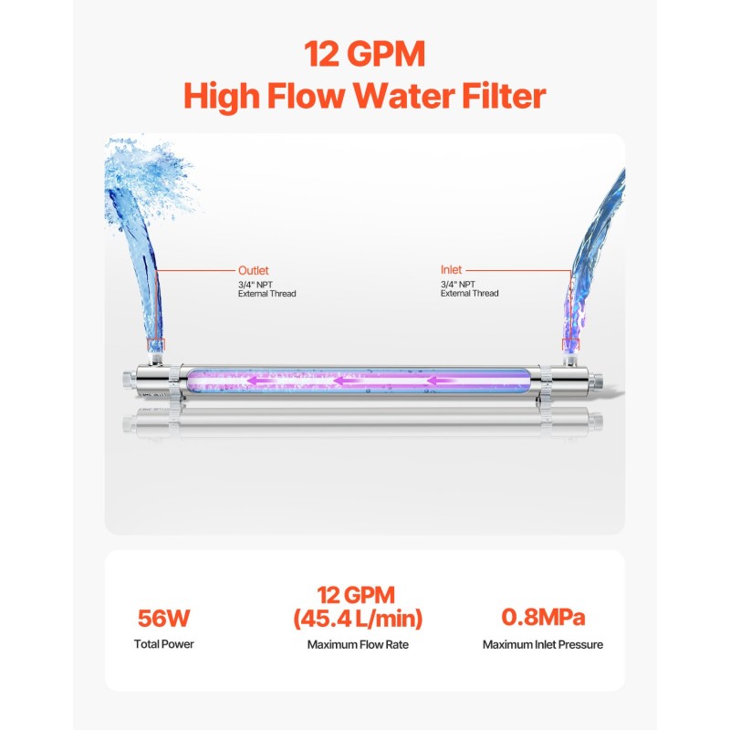 UV-vedenpuhdistin 304-ruostumaton teräs koko talon 50W 45,4 l/min