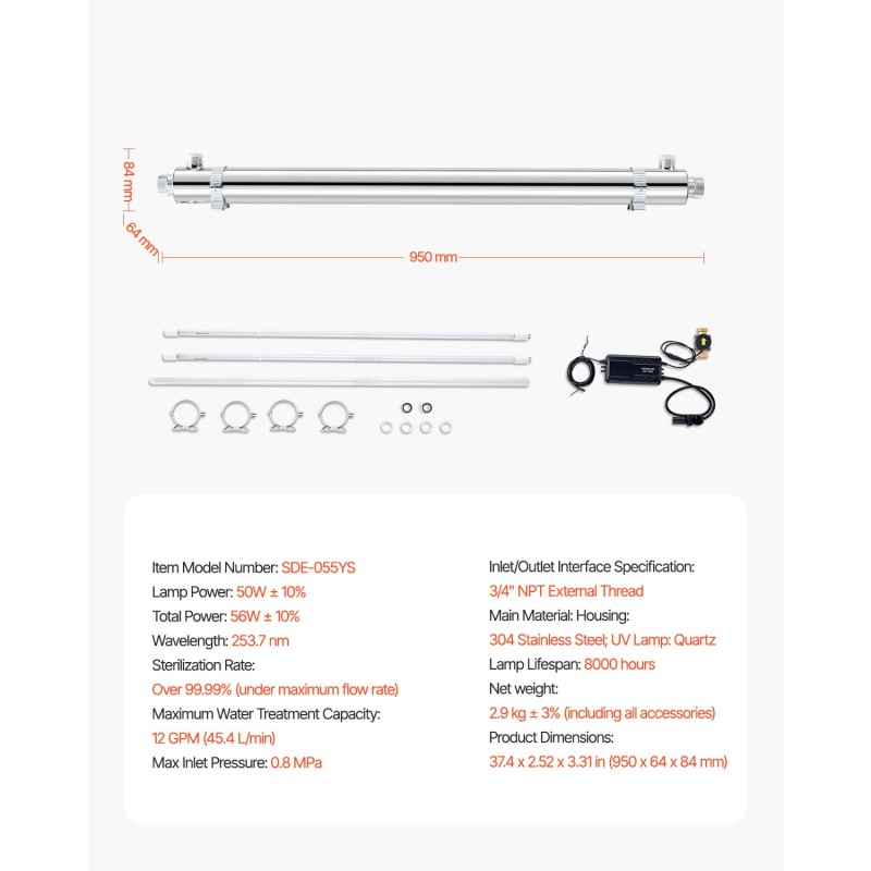 UV-vedenpuhdistin 304-ruostumaton teräs koko talon 50W 45,4 l/min