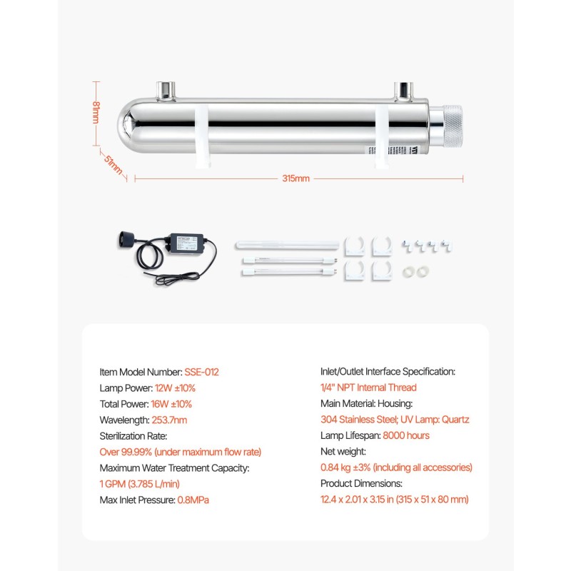 UV-vesipuhdistin kotitalouskäyttöön 304-ruostumaton teräskotelo kvartsiholkilla 12 watin