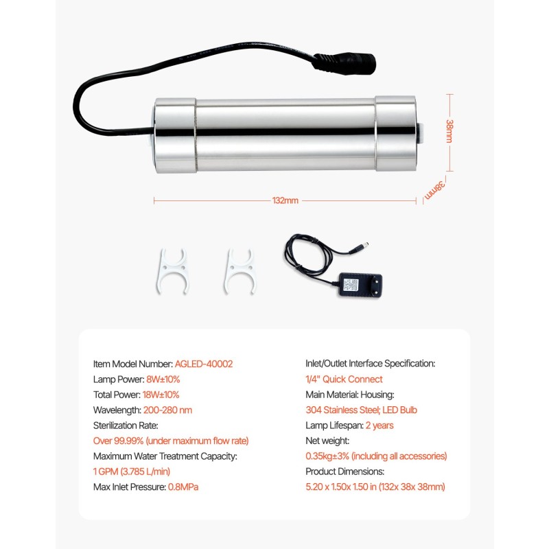 UV-vedenpuhdistin 304-ruostumattomasta teräksestä 8W 3,785 l/min kotikäyttöön