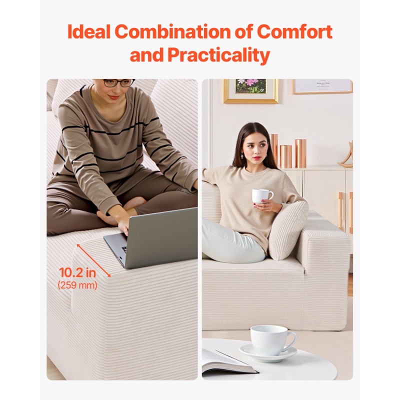 Modulaarinen kulmasohva vakosamettiverhoilulla beige loikoiluosalla leveillä käsinojilla